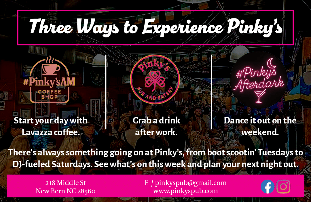 Three ways to experience Pinky's. Description generated by AI
