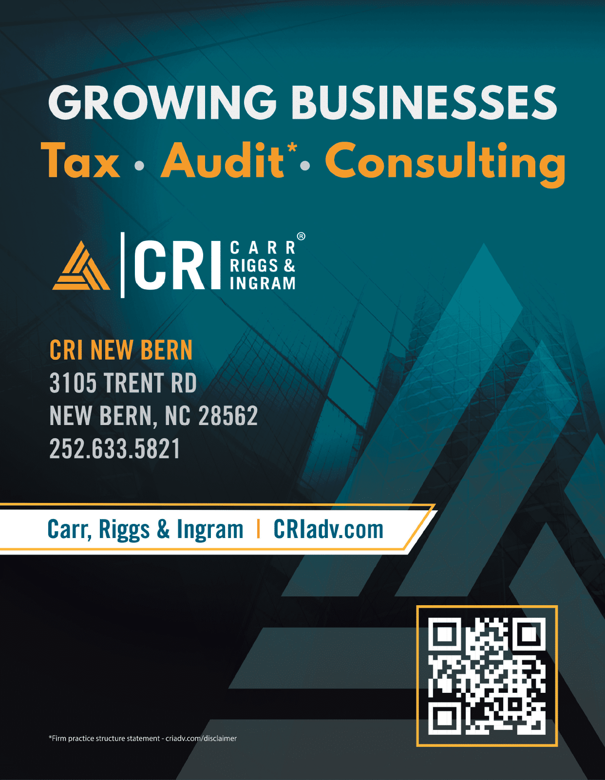 A blue and white advertisement for CRI New Bern. Description generated by AI