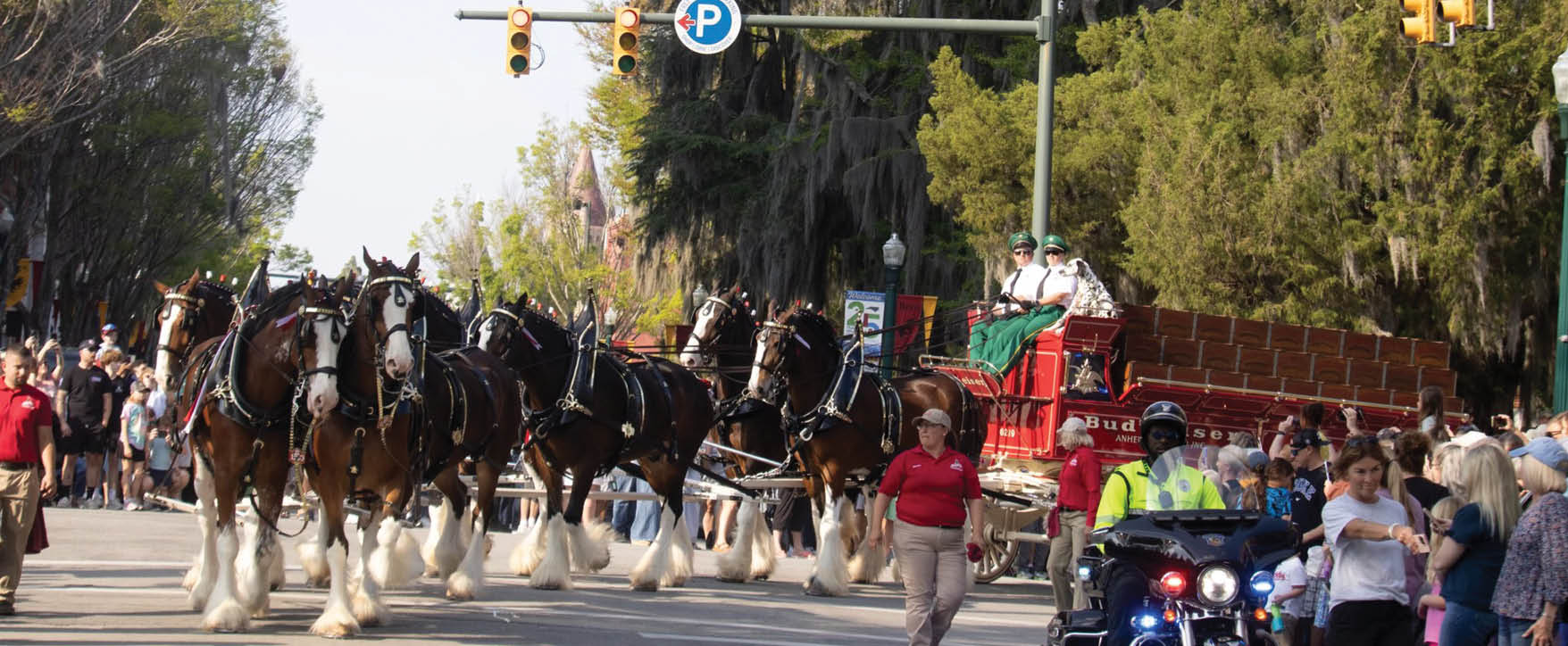 A group of horses pulling a wagon down a street. Description generated by AI