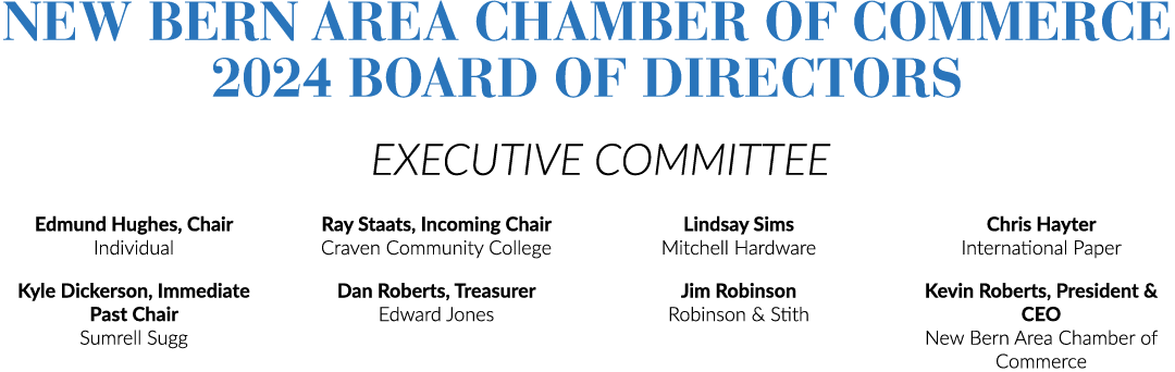 New Bern Area Chamber of Commerce 2024 Board of Directors EXECUTIVE COMMITTEE Edmund Hughes, Chair Individual Kyle Di...