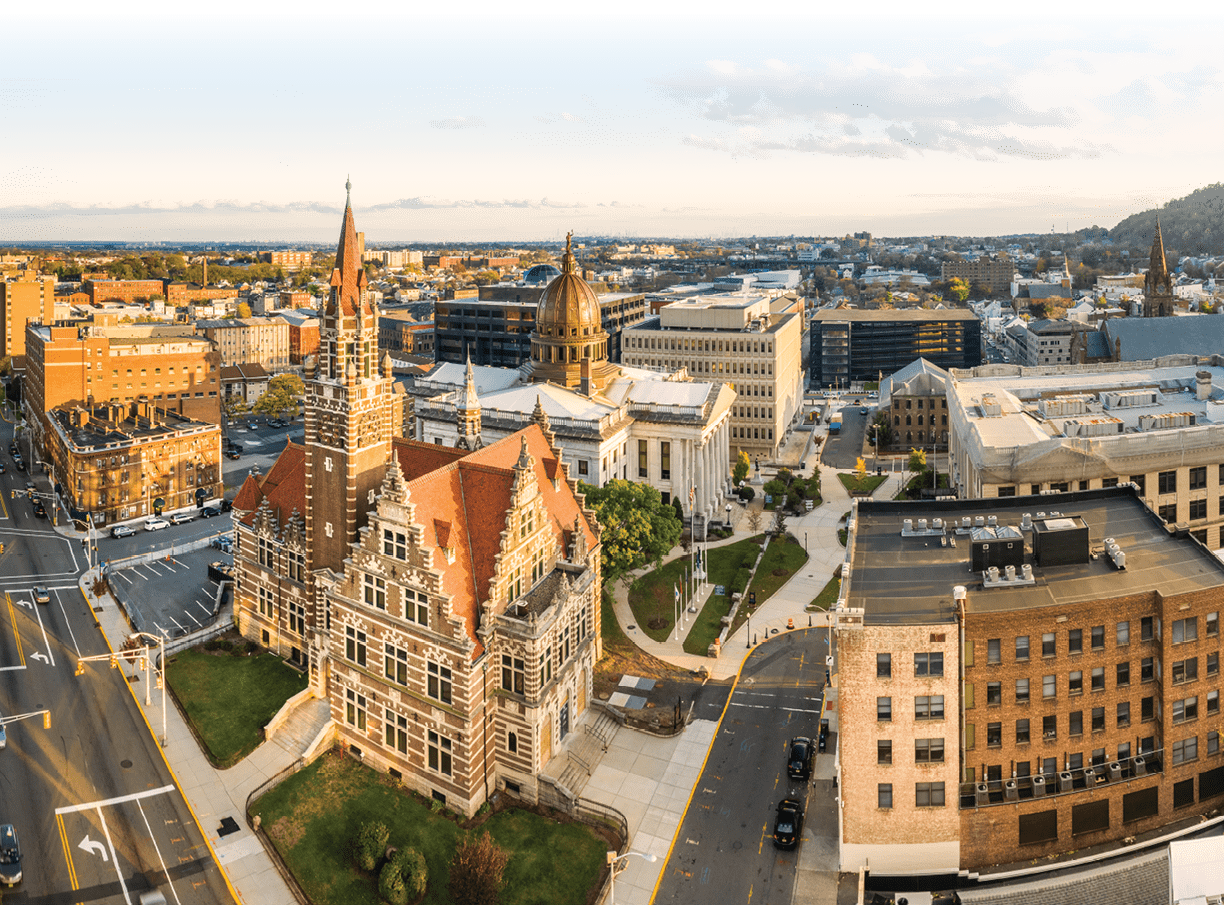 Aerial cityscape of Paterson, NJ and its old courthouse. Paterson is the county seat of Passaic County and the 3rd most populous city of NJ, with the 2nd largest muslim population in US by percentage.