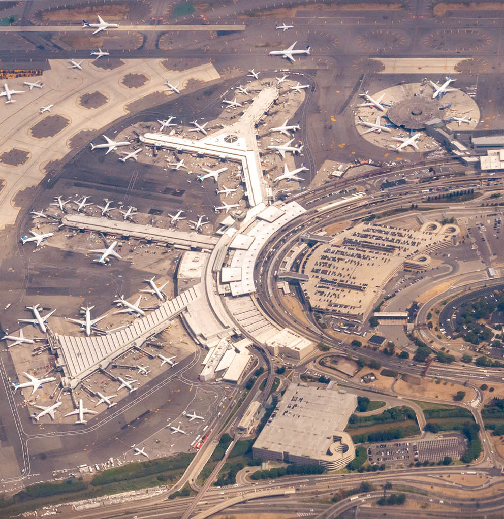 8/17/2022 - Newark Liberty Airport, Newark, New Jersey, USA - An aerial view of Newark Liberty Airport showing terminals planes and the runways.