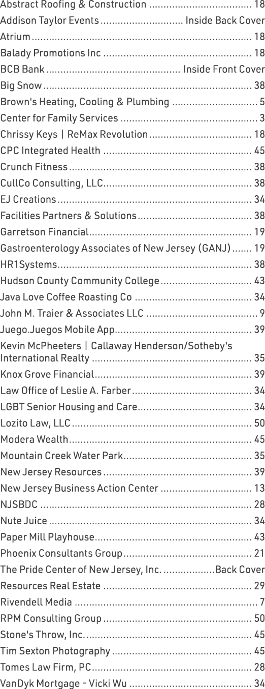 Abstract Roofing & Construction 18 Addison Taylor Events Inside Back Cover Atrium 18 Balady Promotions Inc 18 BCB Ban...