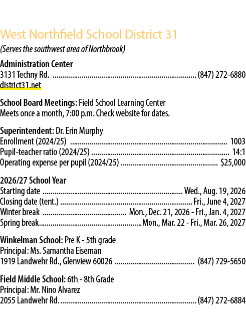 West Northfield School District 31 (Serves the southwest area of Northbrook) Administration Center 3131 Techny Rd. (8...