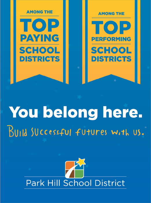A blue sign that says “You Belong Here" with a star and the words "Park Hill School District" written below it. AI generated content