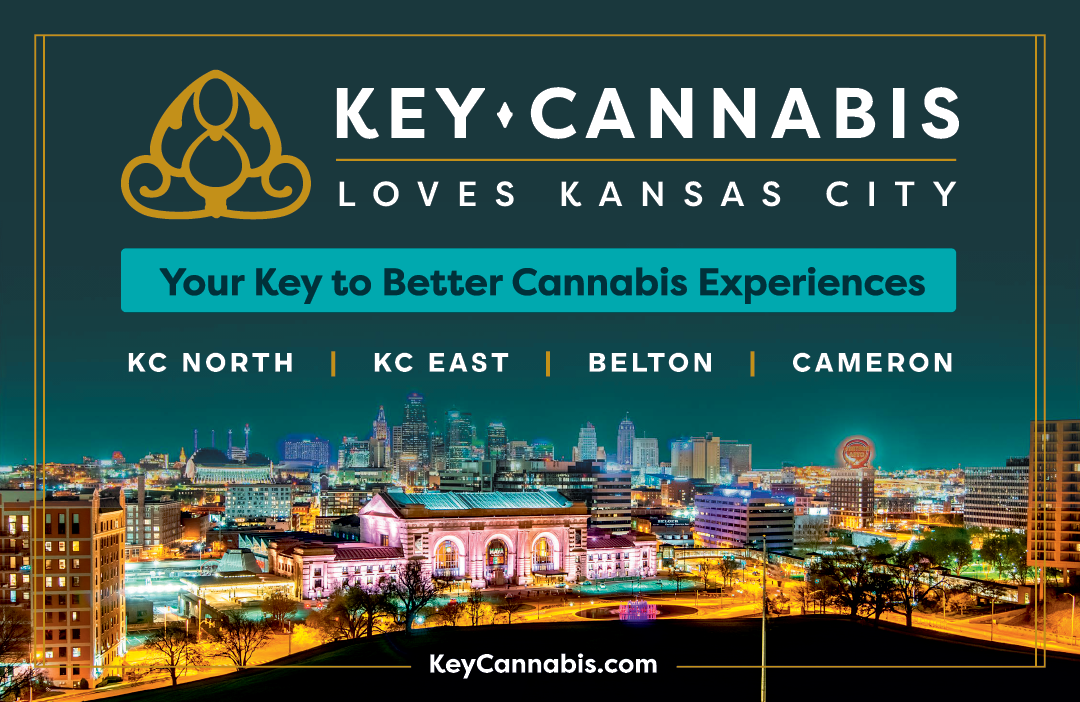 A cityscape at night with a Key & Cannabis logo. AI generated content