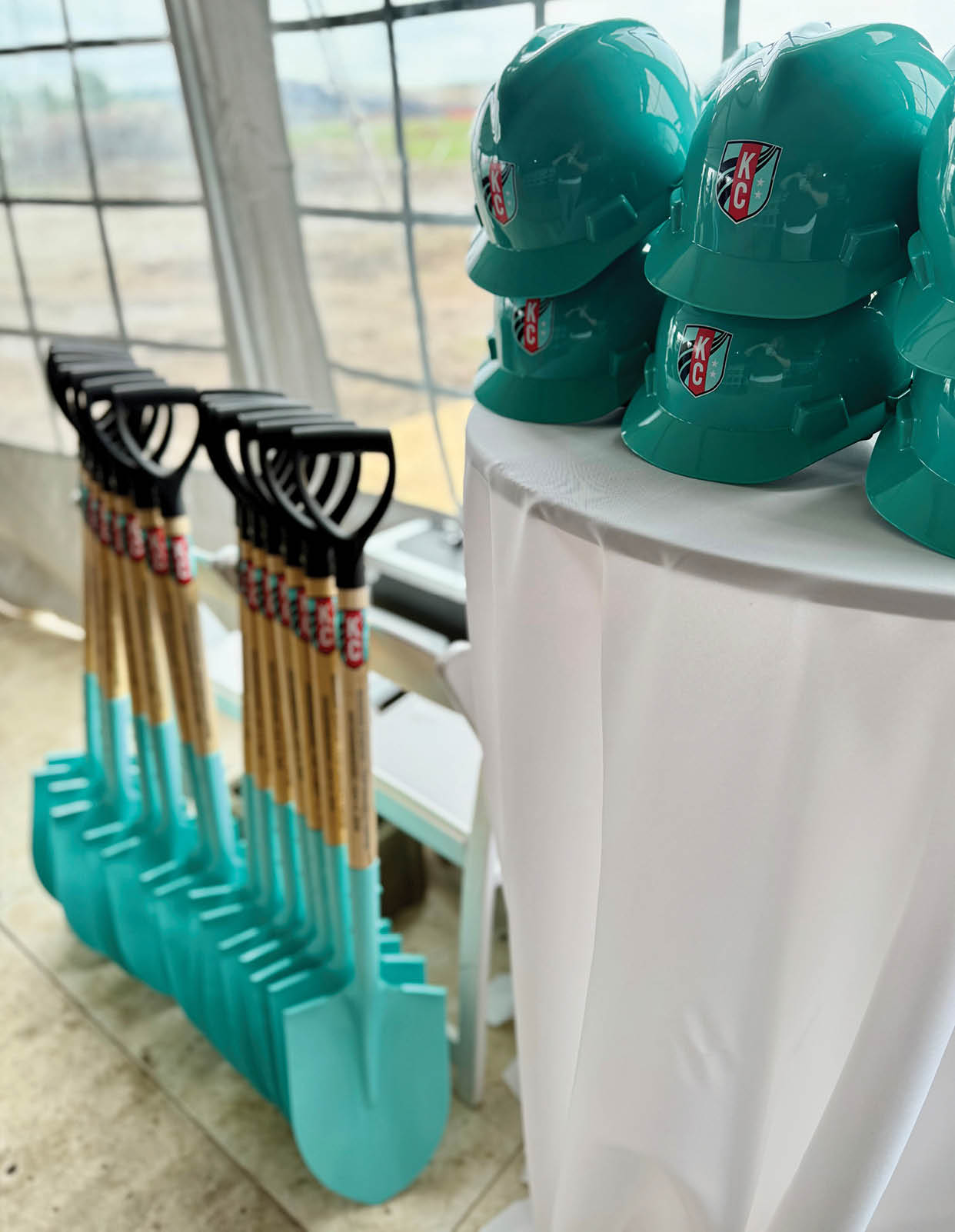 A table with several hard hats on it. AI generated content