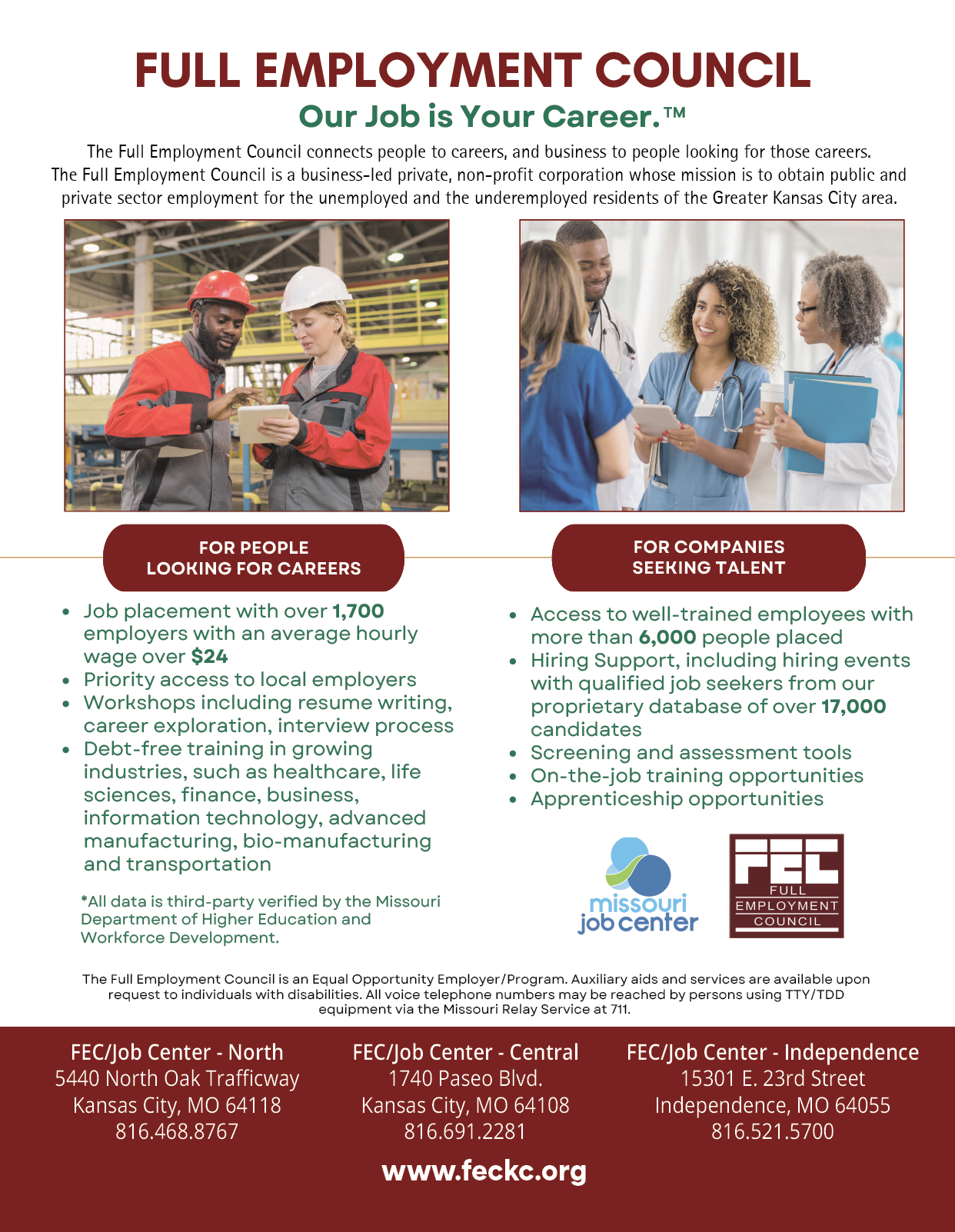 A flyer for the Full Employment Council, featuring a man and a woman in a factory, with the woman holding a clipboard. The flyer also includes a list of job opportunities and a website link. AI generated content