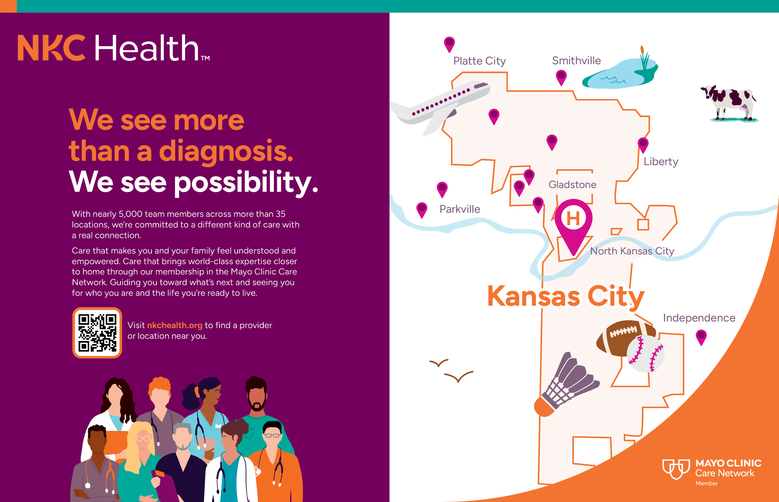 A map of Kansas City with a purple border and a slogan “We see more than a diagnosis. We see possibility." AI generated content
