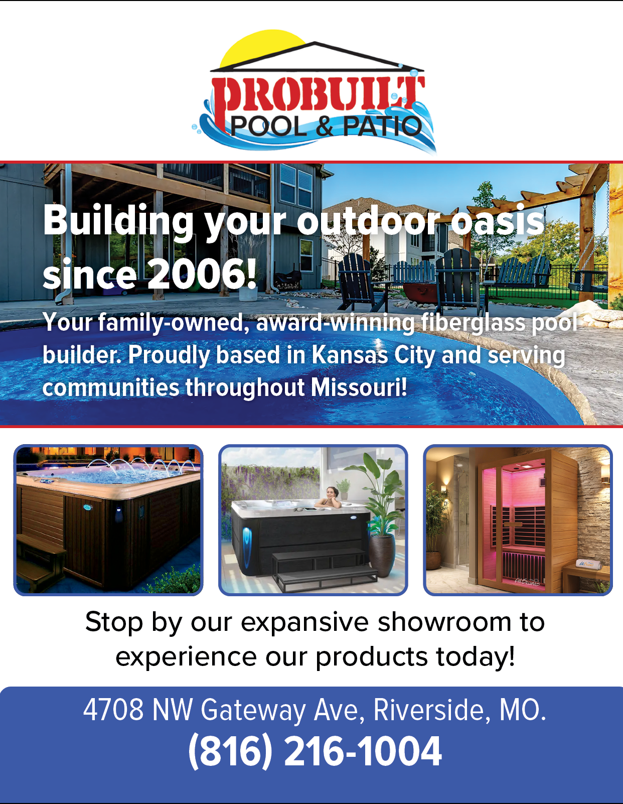 A flyer for a pool and patio company, ProBuildit, featuring a woman in a bikini on the cover. AI generated content