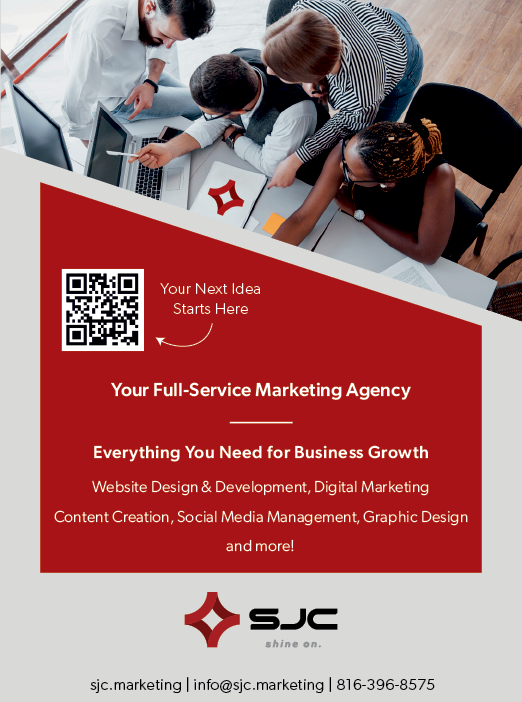 A group of people are shown working on a laptop, with one person pointing at a QR code. The image is advertising a marketing agency, with the tagline “Your Full-Service Marketing Agency". AI generated content