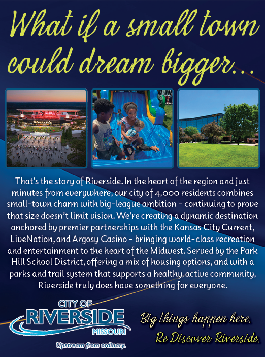 A flyer for the city of Riverside, Missouri, featuring a small town and a big dream. AI generated content