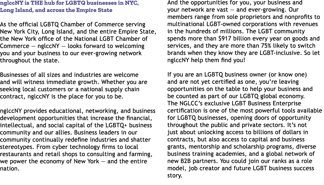 nglccNY is THE hub for LGBTQ businesses in NYC, Long Island, and across the Empire State As the official LGBTQ Chambe...