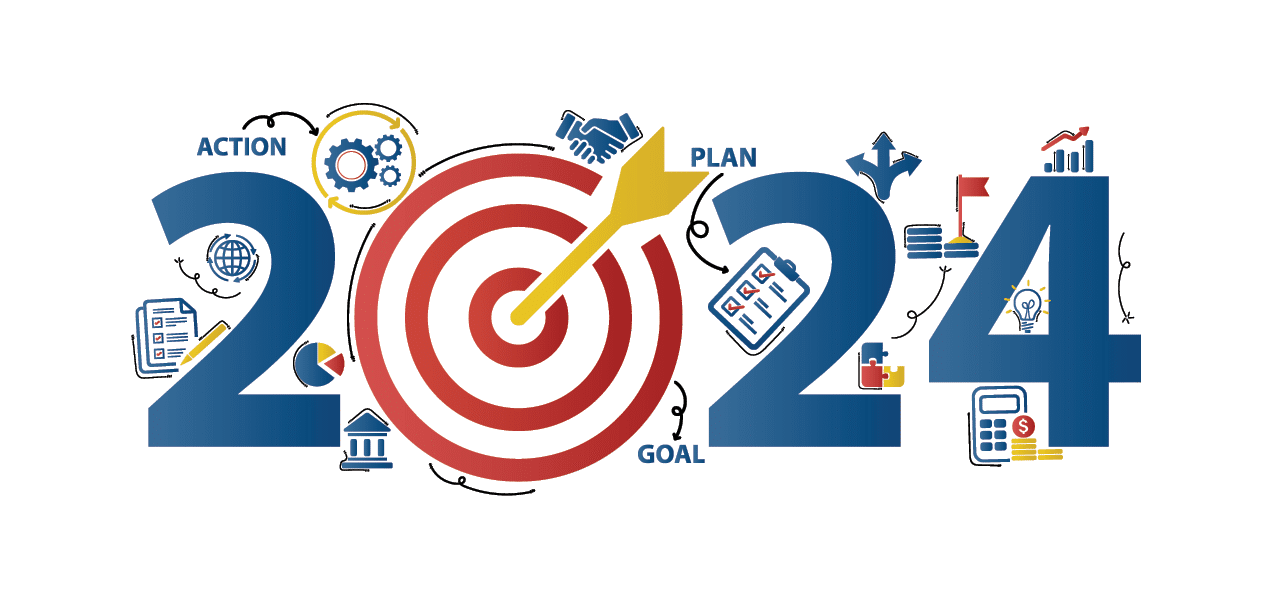 2024 new year goal plan action with target icons, Business plan, financial plan and strategies. Annual plan and development for achieving golas. Goal achievement and success in 2024. Vector illustrator set.