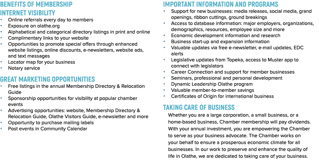 Benefits of Membership Internet visibility   Online referrals every day to members   Exposure on olathe org   Alphabe   