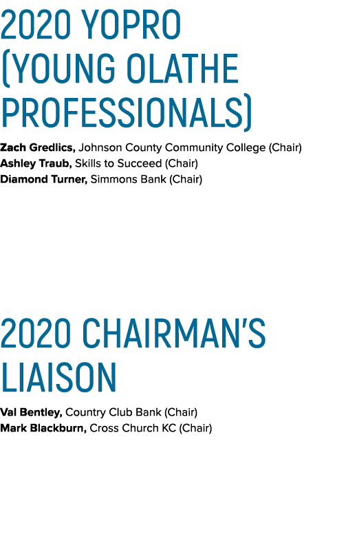 2020 YOPro (Young Olathe  Professionals) Zach Gredlics, Johnson County Community College (Chair) Ashley Traub, Skills   