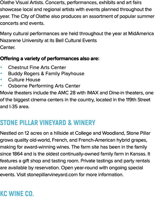Olathe Visual Artists  Concerts, performances, exhibits and art fairs showcase local and regional artists with events   