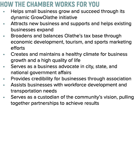 How the Chamber works for you • Helps small business grow and succeed through its dynamic GrowOlathe initiative • Att...