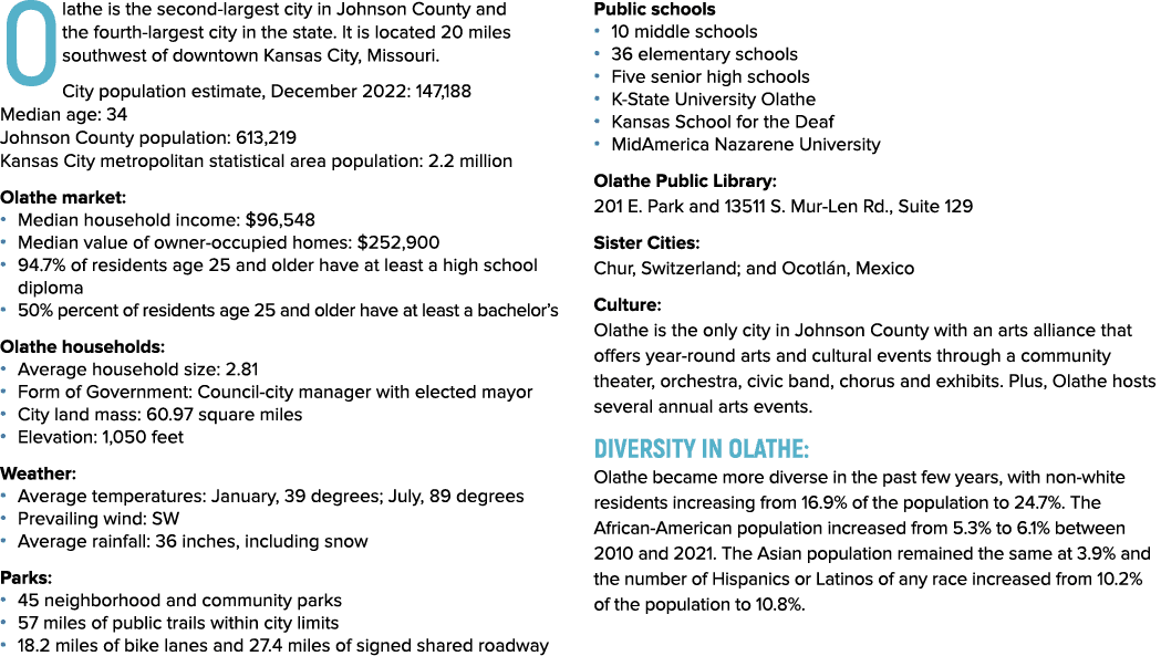 Olathe is the second largest city in Johnson County and the fourth largest city in the state. It is located 20 miles ...