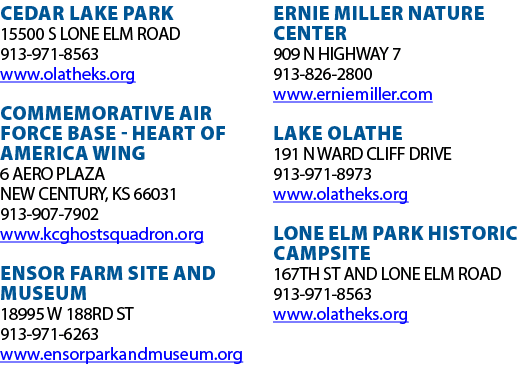 CEDAR LAKE PARK 15500 S LONE ELM ROAD 913-971-8563 www olatheks org COMMEMORATIVE AIR FORCE BASE - HEART OF AMERICA W   