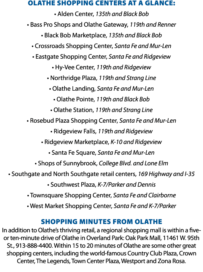 OLATHE SHOPPING CENTERS AT A GLANCE:   Alden Center, 135th and Black Bob   Bass Pro Shops and Olathe Gateway, 119th a   