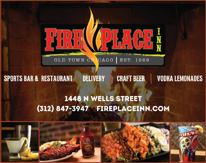 A fireplace in the background of a restaurant menu. Description generated by AI