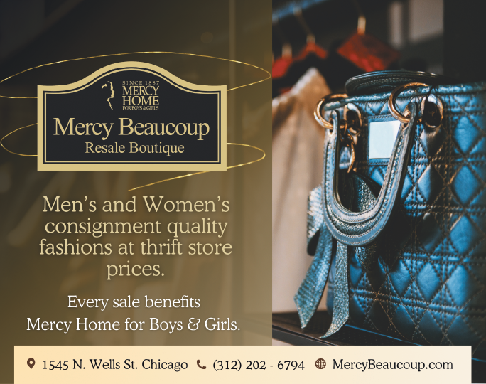 A blue and black purse is displayed in a Mercy Home Resale Boutique advertisement. Description generated by AI