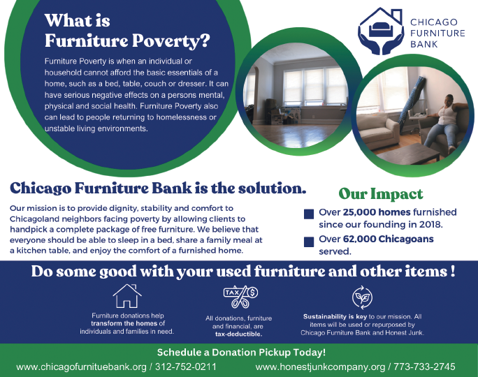 A flyer for Chicago Furniture Bank. Description generated by AI