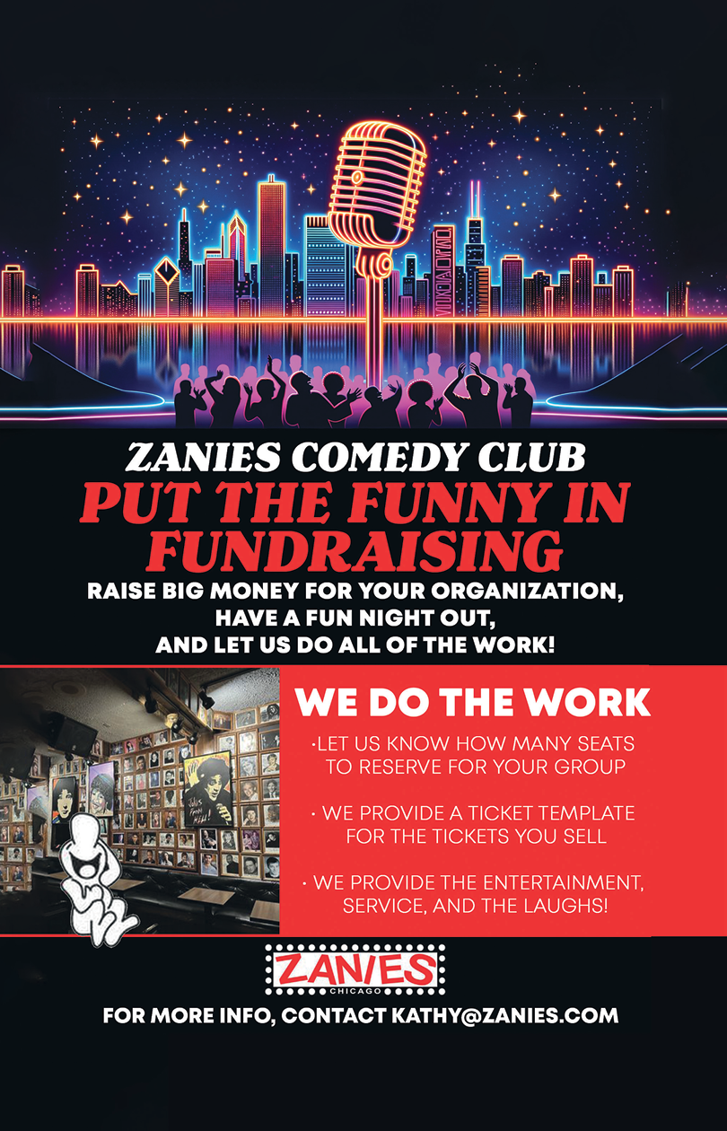 A poster advertising a comedy club with a microphone and a city skyline in the background. Description generated by AI
