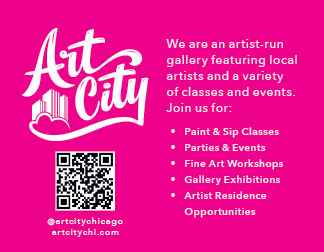 A pink poster advertising an art gallery. Description generated by AI
