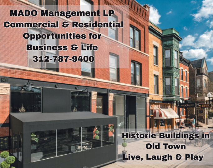 A building with a sign that says “Madison Management Lp Commercial & Residential Opportunities for Business & Life 312-487-1940". Description generated by AI