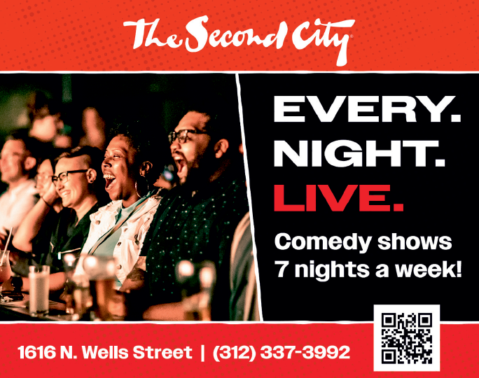 A red and white advertisement for a comedy show. Description generated by AI