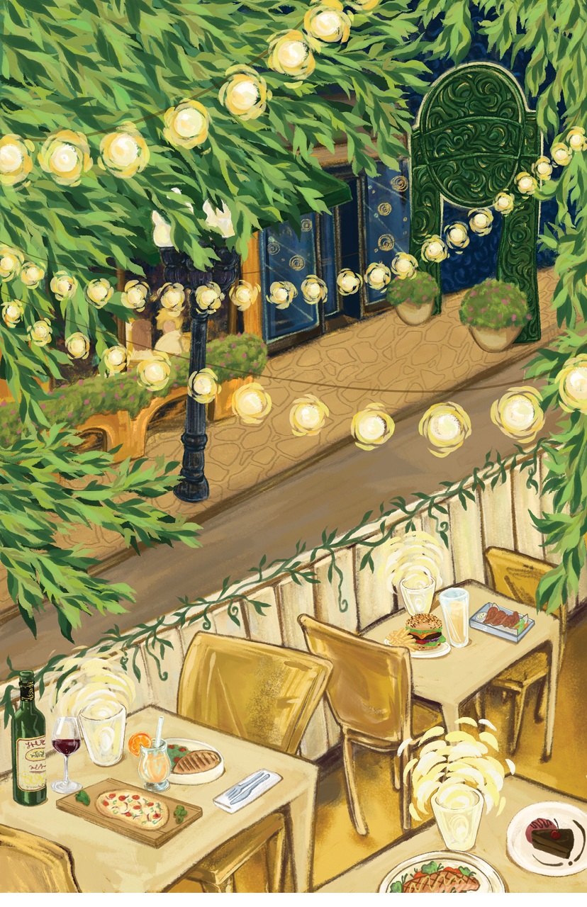 A painting of a restaurant with a table set for dinner. Description generated by AI