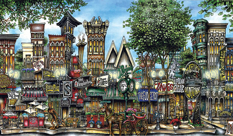 A city street with many signs and buildings. Description generated by AI