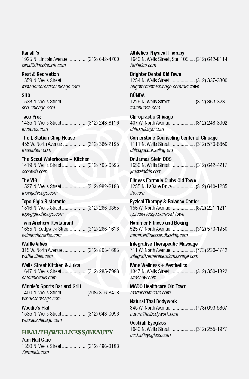 A list of businesses in Chicago, including a massage parlor, a chiropractor, and a dentist. Description generated by AI