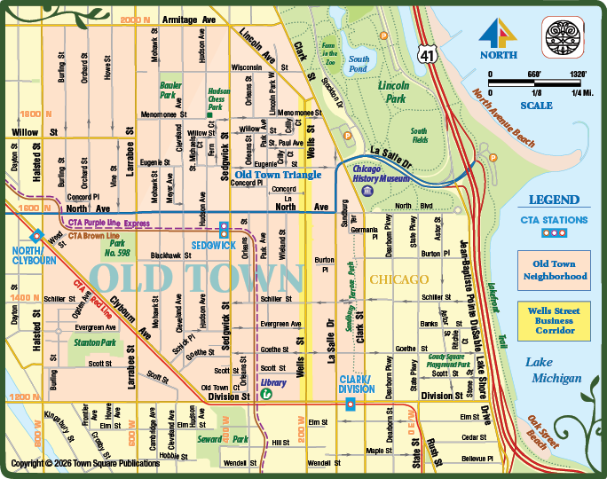 A map of Chicago with streets and landmarks. Description generated by AI