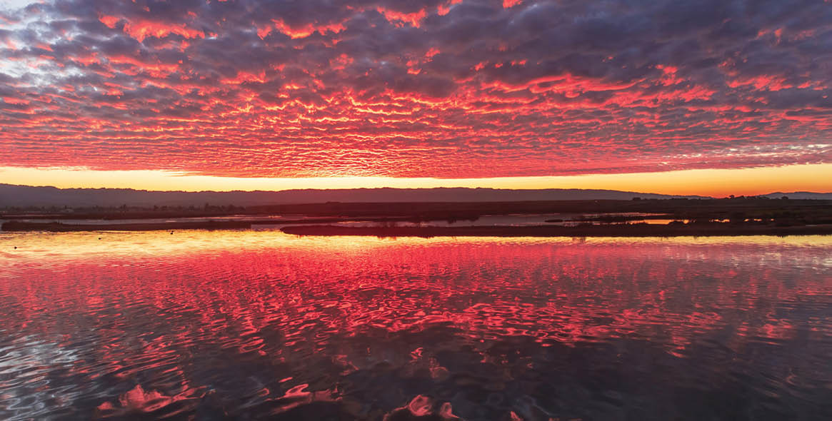 Vibrant Sunset and reflection. Palo Alto Baylands, Northern California.