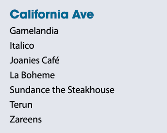 California Ave Gamelandia Italico Joanies Caf La Boheme Sundance the Steakhouse Terun Zareens 