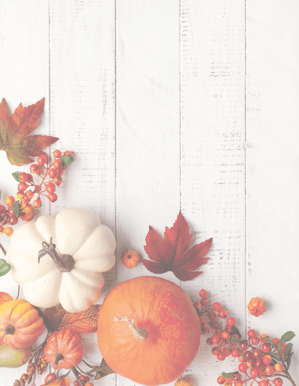 Festive autumn decor from pumpkins, berries and leaves on a white wooden background. Concept of Thanksgiving day or Halloween. Flat lay autumn composition with copy space.