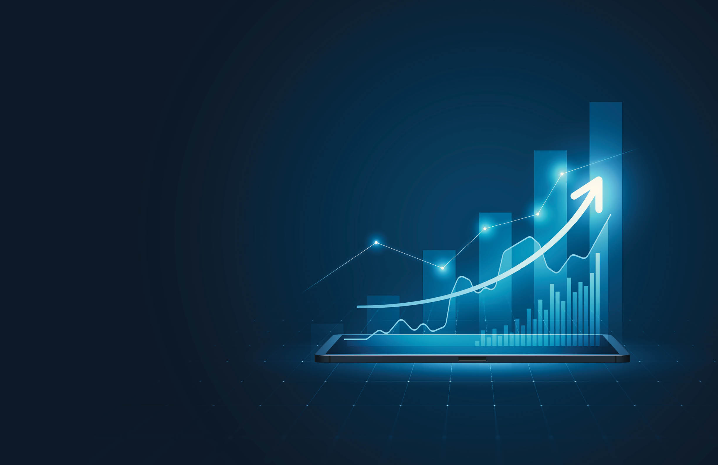 Business 3d tablet virtual growth arrow financial graph on digital technology strategy background with finance data marketing chart analysis report or success investment diagram economy screen profit.