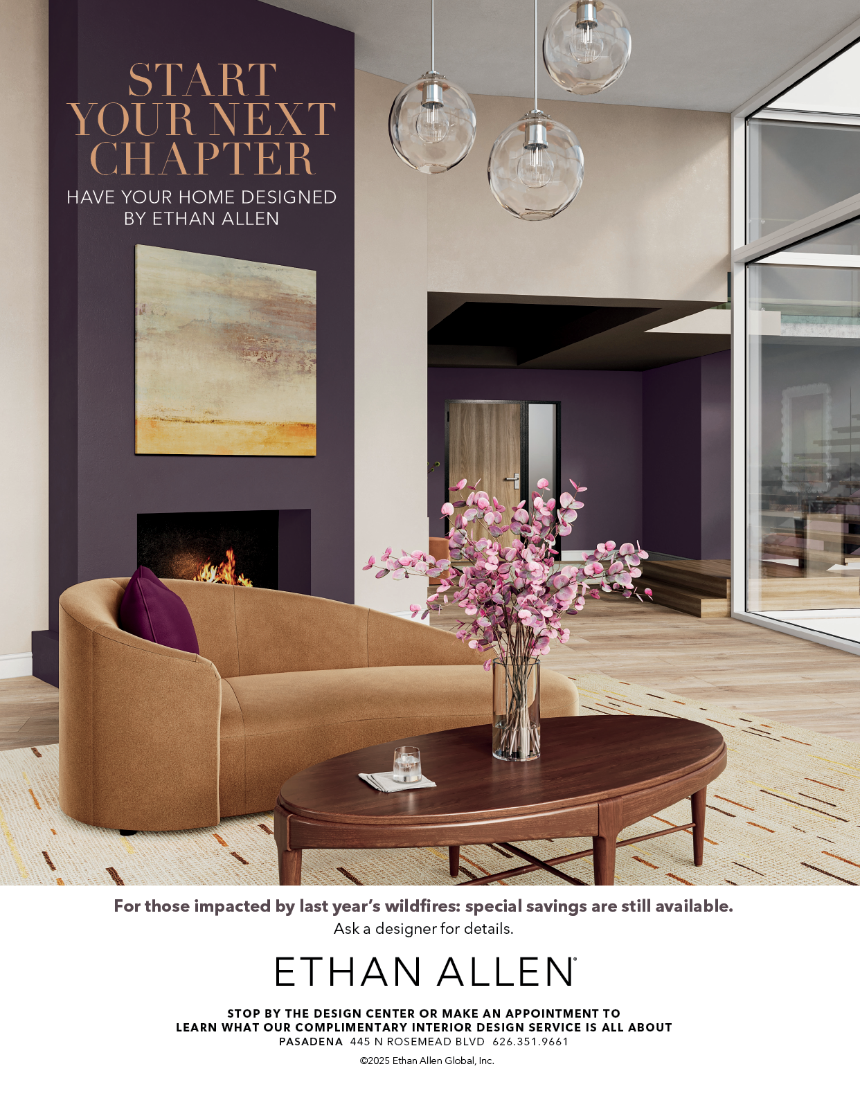 A purple living room with a fireplace and a couch. Description generated by AI