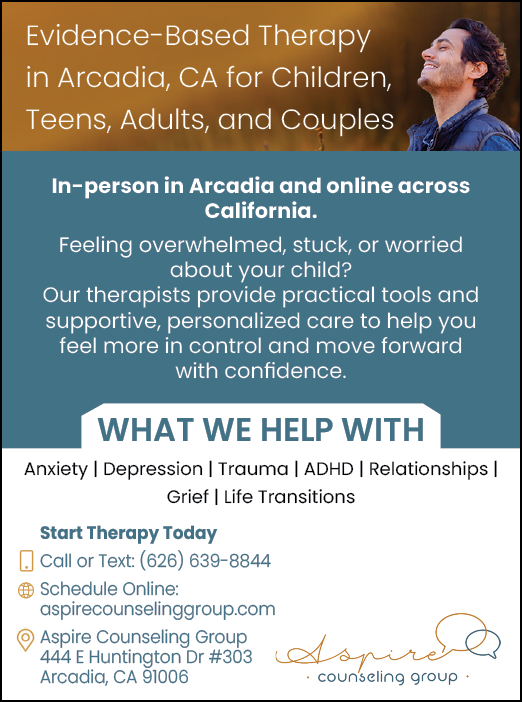 A flyer for a therapy group in Arcadia, California. Description generated by AI