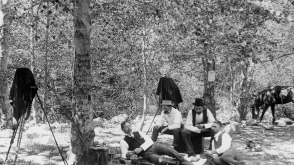 A group of men sitting in the grass under a tree. Description generated by AI