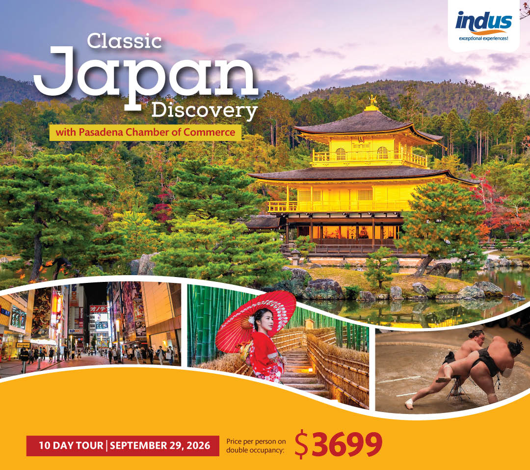 A yellow and red advertisement for a trip to Japan. Description generated by AI