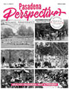 A magazine cover with a pink background and the title Pasadena Perspective. Description generated by AI
