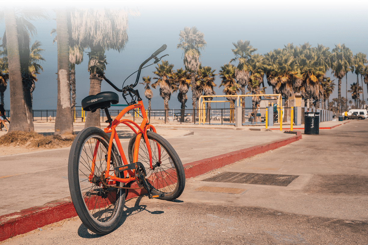 Los Angeles, USA - April 10, 2017: Stylish cool beach bike located at Venice beach in Los Angeles. California. Riding a bike is the best beach transportation.