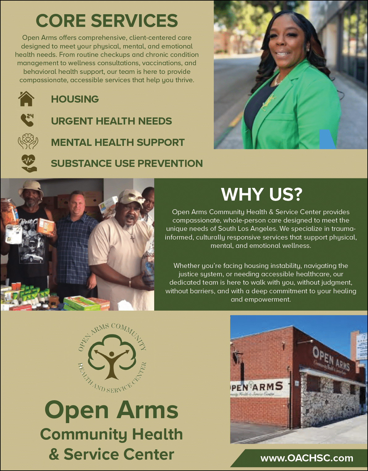 A flyer for Open Arms Community Health & Service Center. AI generated content