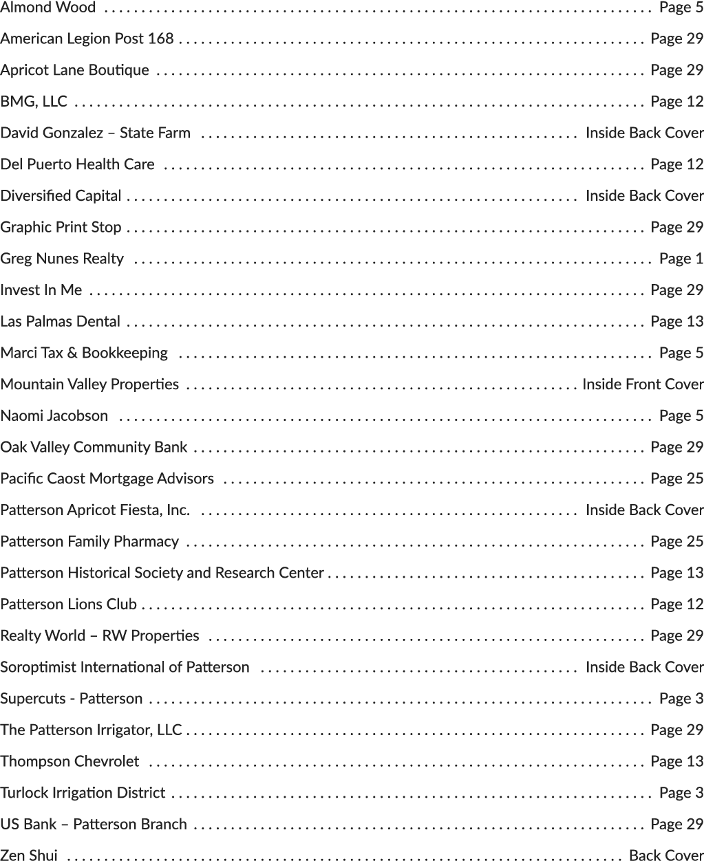 Almond Wood Page 5 American Legion Post 168 Page 29 Apricot Lane Boutique Page 29 BMG, LLC Page 12 David Gonzalez – S...