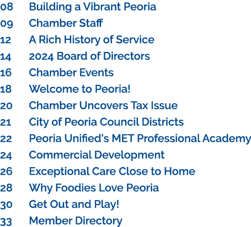 08 Building a Vibrant Peoria 09 Chamber Staff 12 A Rich History of Service 14 2024 Board of Directors 16 Chamber Even...