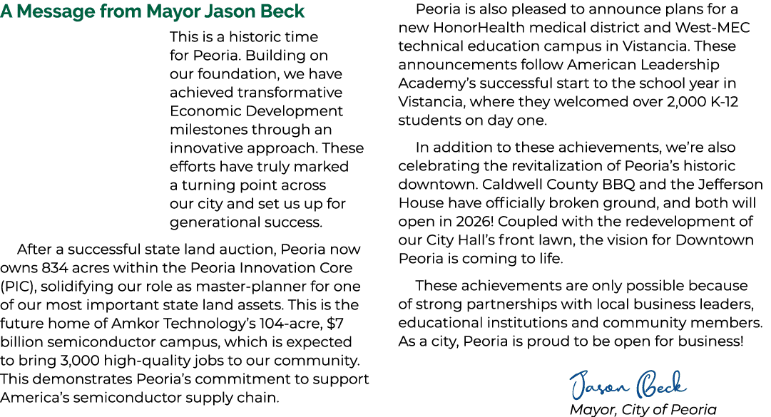 A Message from Mayor Jason Beck This is a historic time for Peoria. Building on our foundation, we have achieved tran...